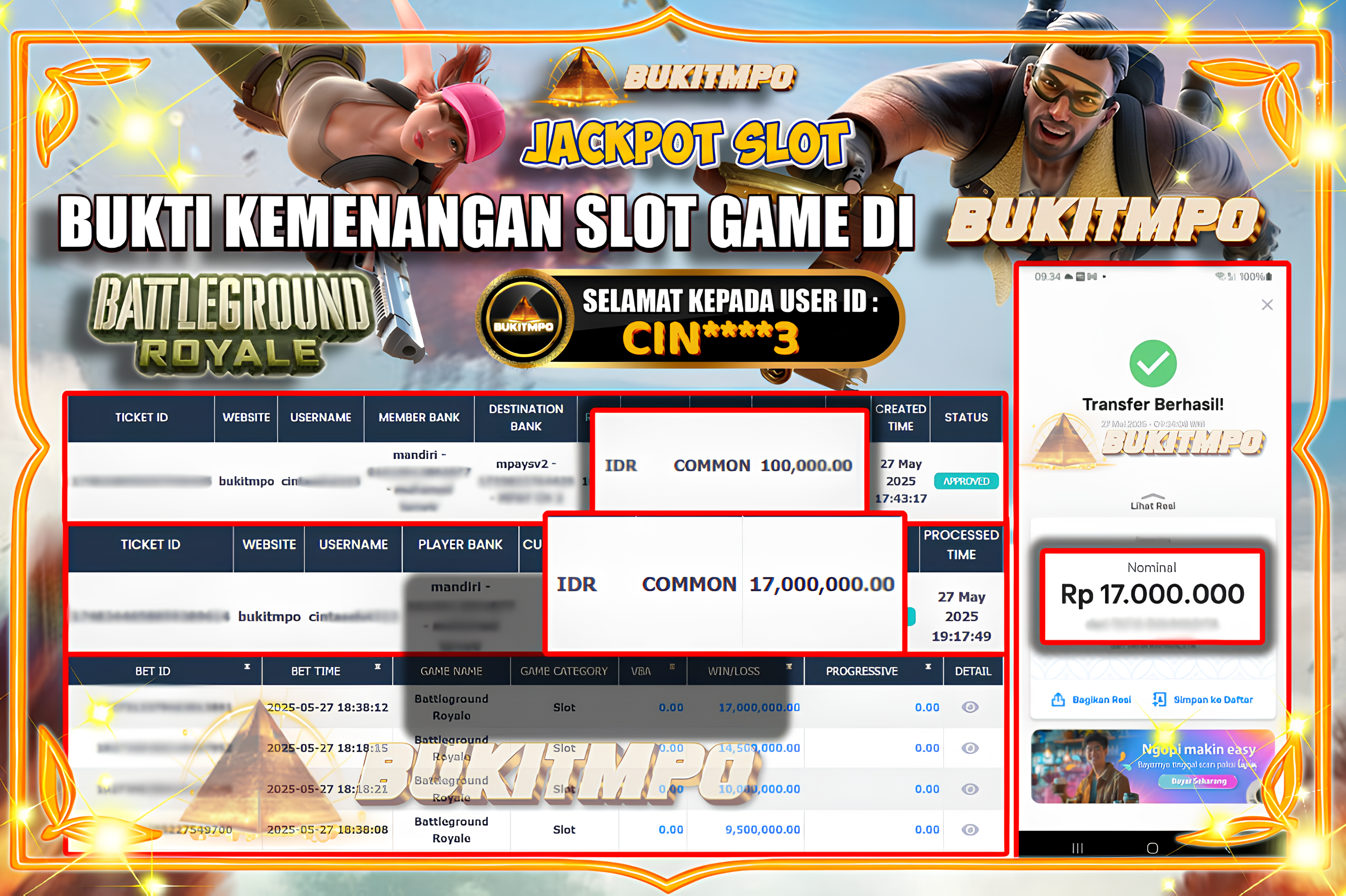 BUKITMPO JACKPOT SLOT Battleground Royale Rp.17.000.000,- LUNAS
